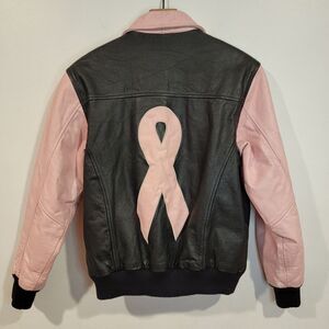 Roper Breast Cancer Womens 100% Leather Bomber Jacket Size XS Black Pink